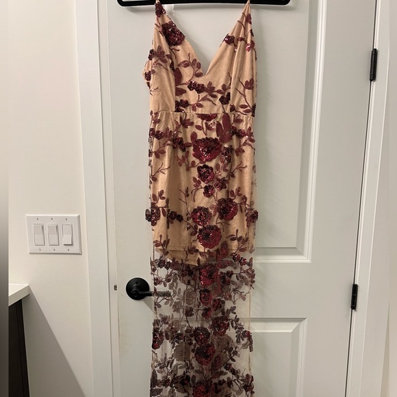 Beautiful floor length formal dress. Nude liner with pink sequin floral pattern - Picture 1 of 5